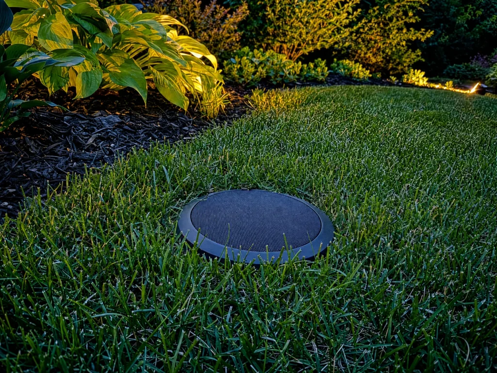 Round vent cap of a buried subwoofer set flush in a mown lawn beside a mulched bed.
